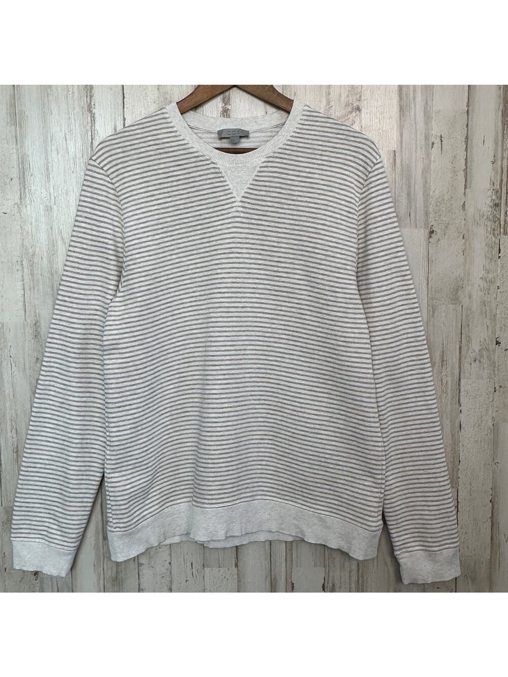 COS Crewneck Pullover 100 Cotton Sweatshirt Size Large Gray Beige Stripe VGUC